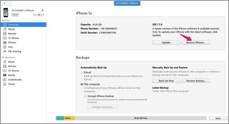 Sau đó bạn chọn Khôi phục (Restore) iPhone