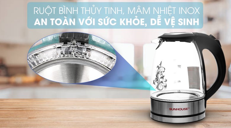 Bình đun siêu tốc Sunhouse 1.7 lít SHD1217 Đen có ruột bình làm từ thủy tinh, giúp người dùng dễ dàng vệ sinh