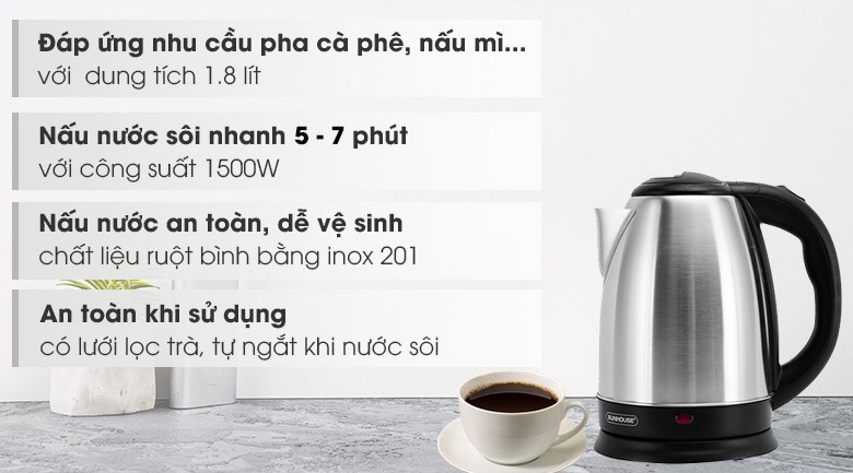 Ruột bình đun siêu tốc Sunhouse 1.8 lít SHD1182 được làm từ chất liệu inox dễ dàng vệ sinh, hạn chế gỉ sét 