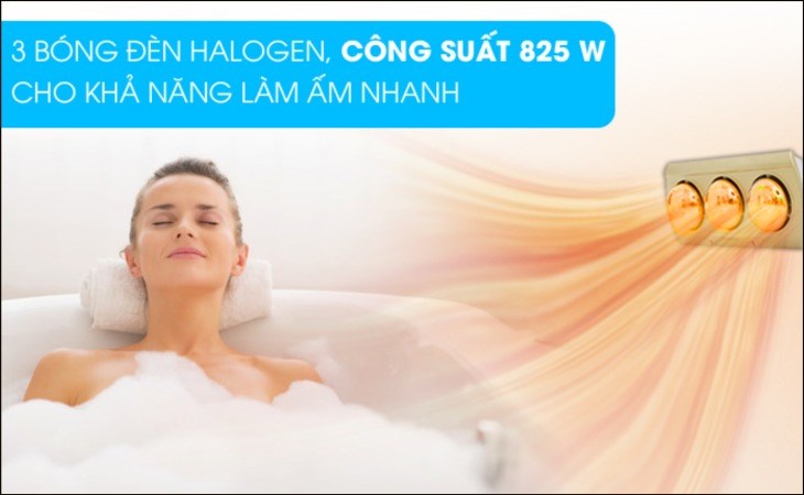 Đèn sưởi nhà tắm Sunhouse SHD3813 sở hữu 3 bóng đèn cùng công suất 825W, phù hợp với nhà tắm có diện tích từ 10 - 15m2