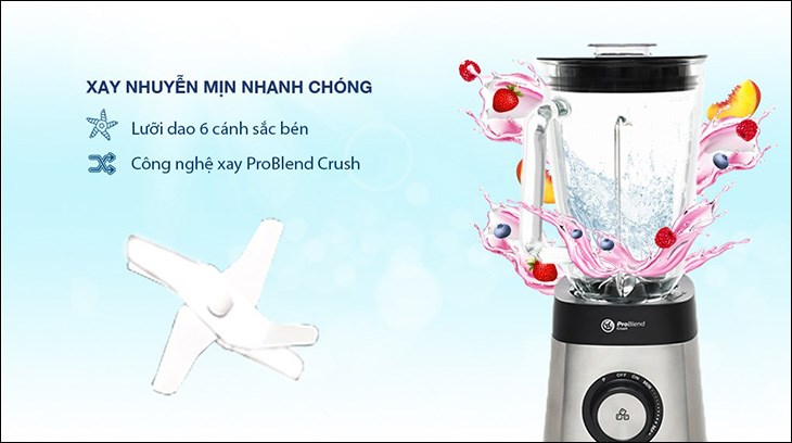 Máy xay sinh tố Philips HR3573/90 sở hữu lưỡi dao 6 cánh sắc bén cùng công nghệ xay ProBlend Crush giúp xay nhuyễn các loại rau củ quả