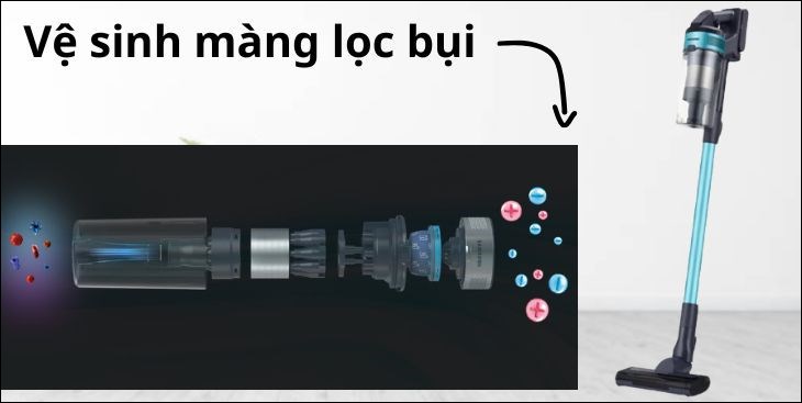 Vệ sinh màng lọc bụi của máy hút bụi không dây Samsung VS15A6031R1/SV thường xuyên, giúp gia tăng độ bền cho máy