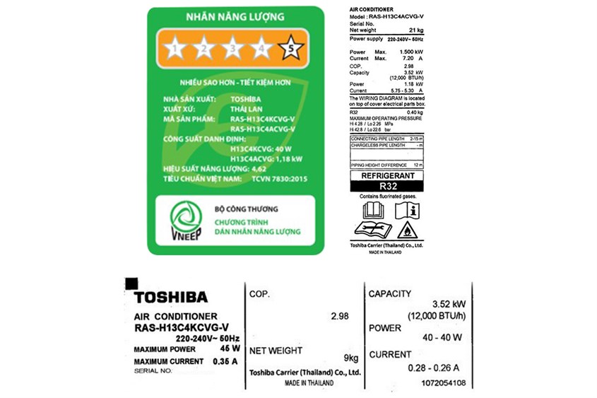 Máy lạnh Toshiba 1.5 HP Inverter RAS-H13C4KCVG-V có mức tiết kiệm năng lượng đạt 5 sao