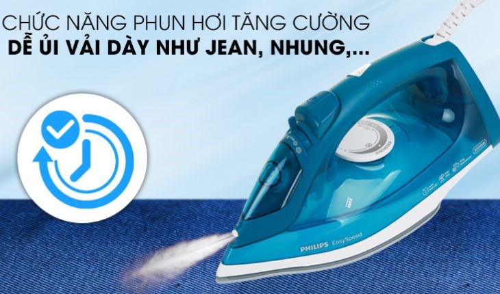 Bàn ủi hơi nước Philips GC1756 2000W được trang bị chức năng phun hơi tăng cường giúp dễ dàng ủi phẳng các loại vải dày 