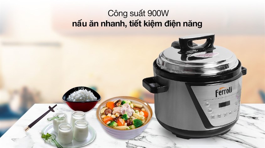 Nồi áp suất điện Ferroli FPC900-D 5 lít có ruột nồi được làm từ chất liệu Inox 304 sáng bóng, bền đẹp và dễ dàng vệ sinh