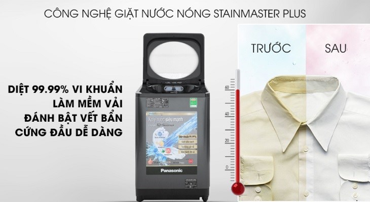 Chế độ giặt nước nóng trên máy giặt Panasonic Inverter 10.5 Kg NA-FD10VR1BV có khả năng diệt khuẩn đến 99.99% và hỗ trợ đánh bay vết bẩn cứng đầu hiệu quả