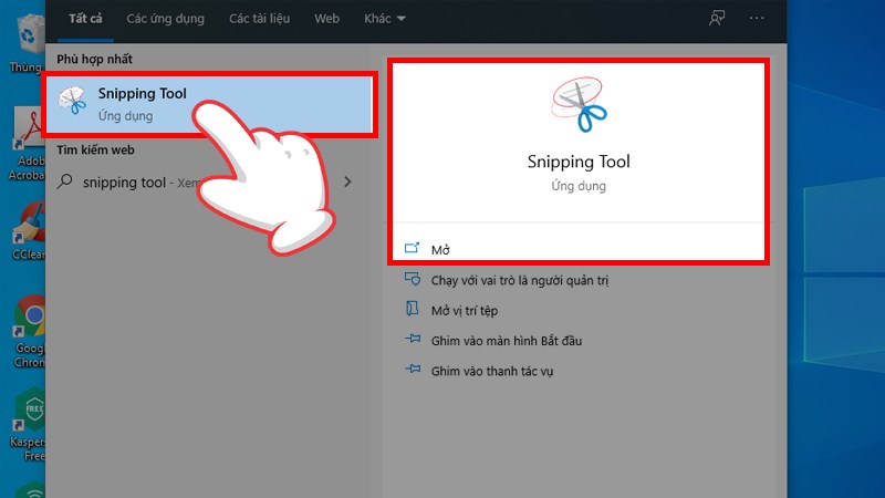 Bạn hãy mở Snipping Tool bằng cách search trên thanh tìm kiếm