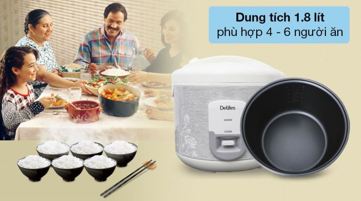 Nồi cơm điện nắp gài Delites 1.8 lít NCG1805 phù hợp với gia đình từ 4 - 6 người ăn