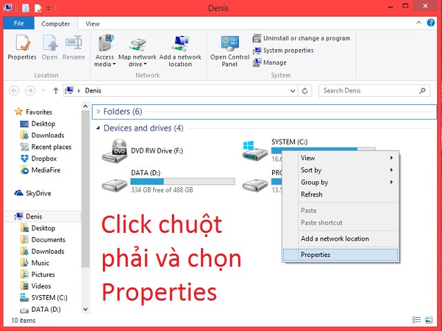 Click chuột phải vào khoảng trống và chọn Properties