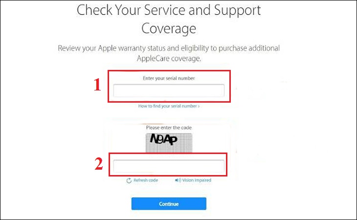 Mở trình duyệt trên iPhone, rồi bạn truy cập vào đường link checkcoverage.apple.com/vn/en, rồi điền mã IMEI và mã bảo mật > chọn Tiếp tục (Continue).