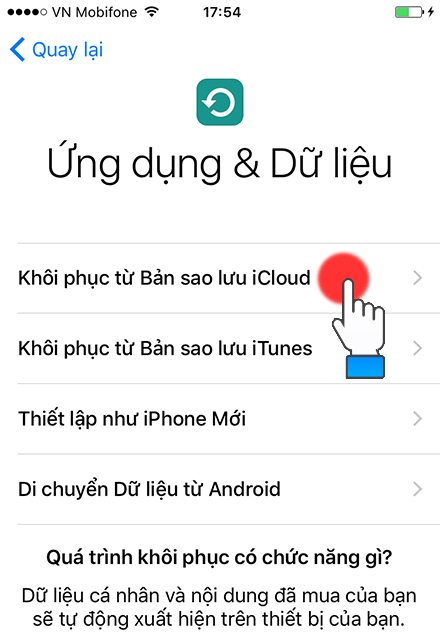 chọn khôi phục từ icloud