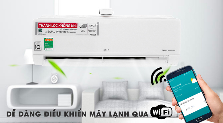 Máy lạnh LG Wifi Inverter 1 HP V10APF được tích hợp chức năng kết nối wifi, điều khiển qua ứng dụng LG ThinQ tiện dụng.