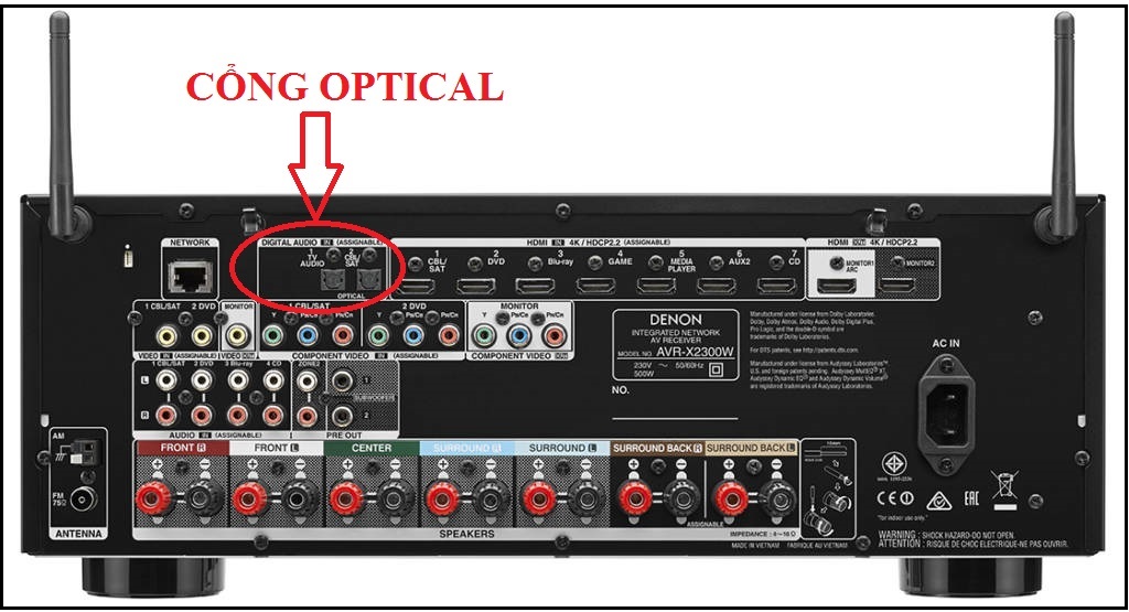 Cắm đầu còn lại của dây Optical vào cổng Optical trên amply.