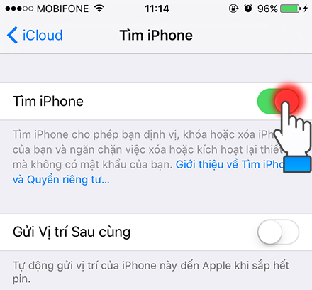 gạt sang phải để bật tính năng Find my iPhone lên.