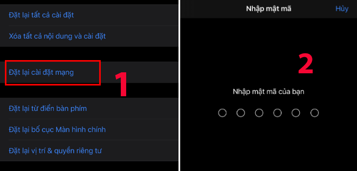 Nhập mật khẩu điện thoại để thiết lập lại càu đặt mạng