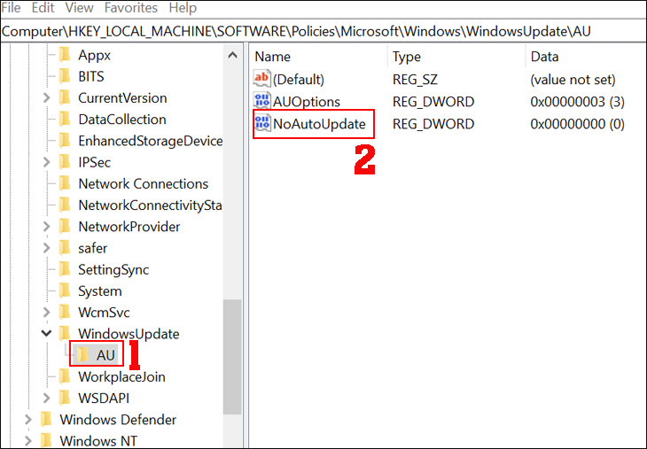 Trong mục AU > chọn NoAutoUpdate