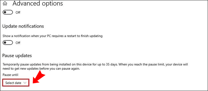 Tại mục Pause updates > Chọn Pause until > Cgọn vào mục Select date