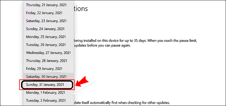Bạn chọn ngày muốn cập nhật trên Windows 10