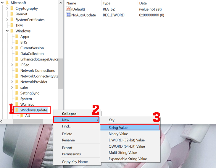 Nhấp chuột phải vào thư mục Windows Update 1 lần nữa > Chọn New > Sau đó  nhấp vào String Value