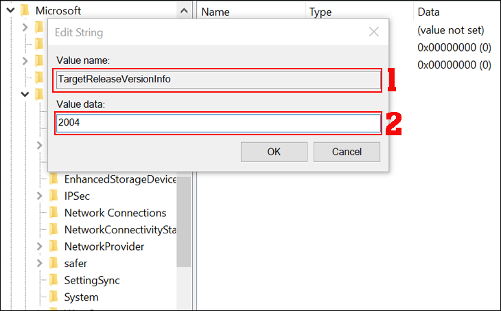 Tại cửa sổ Edit String > Đổi tên Value name thành TargetReleaseVersionInfo > Nhập số hiệu phiên bản Windows vào Value data