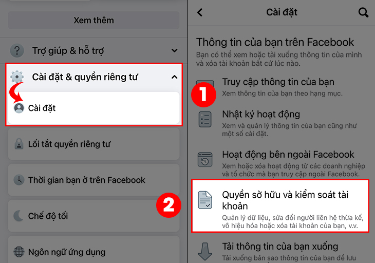 Chọn Cài đặt & quyền riêng tư > Chọn tiếp Cài đặt > Chọn vào Quyền sở hữu và kiểm soát tài khoản