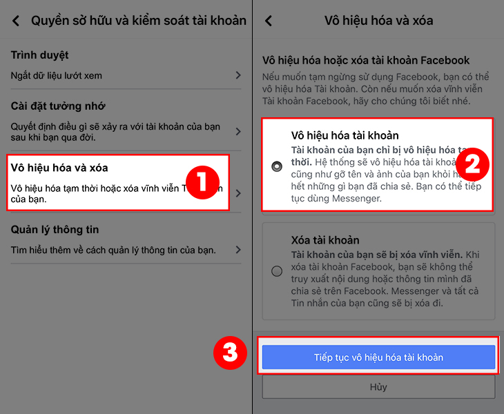 Chọn vào Vô hiệu hóa và xóa > Nhấn Vô hiệu hóa tài khoản > Chọn Tiếp tục vô hiệu hóa tài khoản