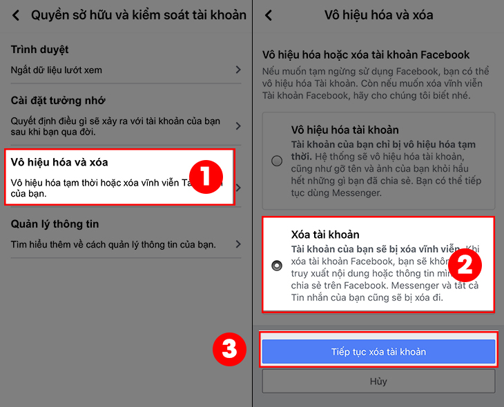 Chọn Vô hiệu hóa và xóa > Chọn vào mục Xóa tài khoản > Chọn Tiếp tục xóa tài khoản