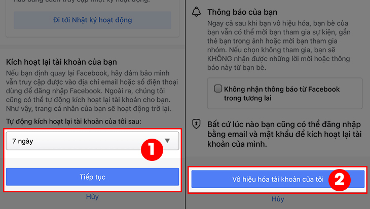 Chọn vào thời gian tự động kích hoạt tài khoản > Nhấn chọn Tiếp tục > Chọn Vô hiệu hóa tài khoản của tôi