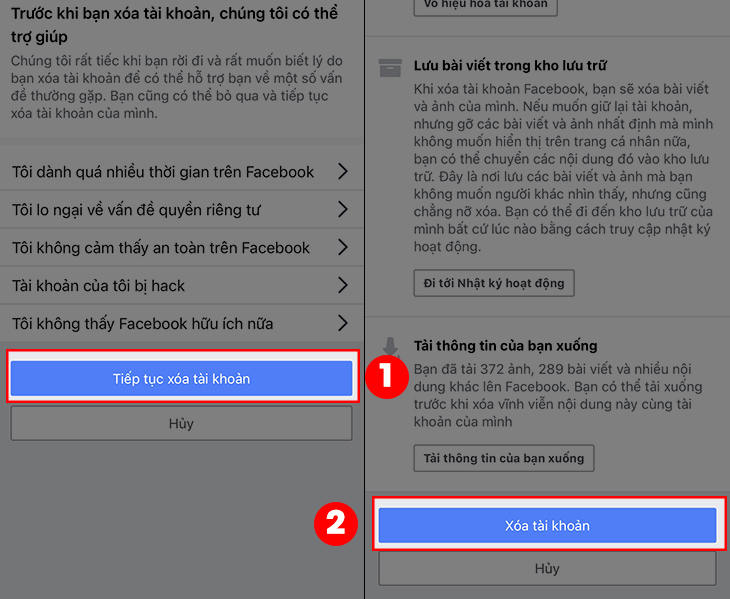 Chọn Tiếp tục xóa tài khoản > Chọn Xóa tài khoản