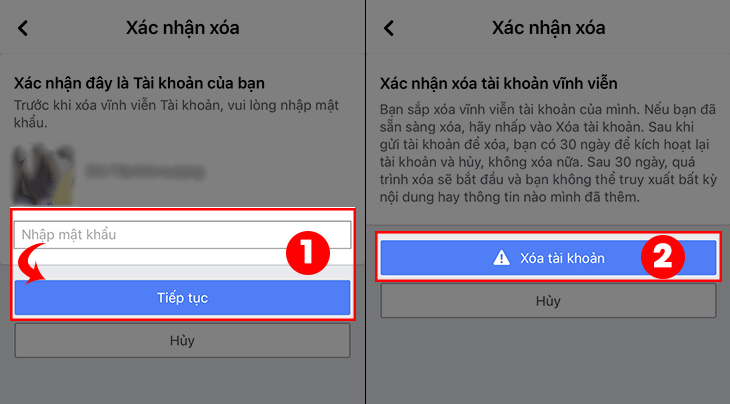 Nhập mật khẩu để xác minh > Chọn Tiếp tục > Chọn Xóa tài khoản