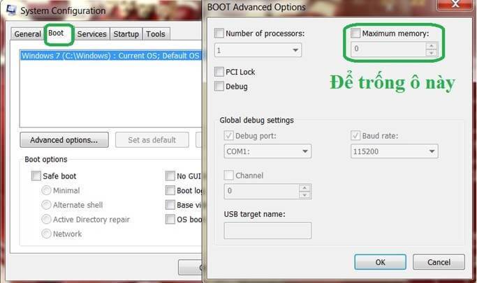 Bước 3: Trong cửa sổ của msconfig bạn vào tab Boot và bỏ dấu check trong mục Maximum Memory như hình dưới rồi nhấn Ok và khởi động lại máy là xong.