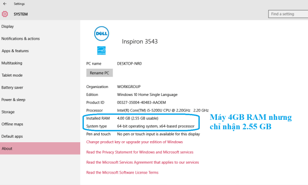 Một số máy gặp tình trạng Windows 10 hoặc Windows 8 không nhận đủ dung lượng RAM khi kiểm tra trong phần Property như bên dưới:
