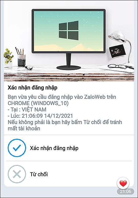 Xác nhận đăng nhập cho Zalo