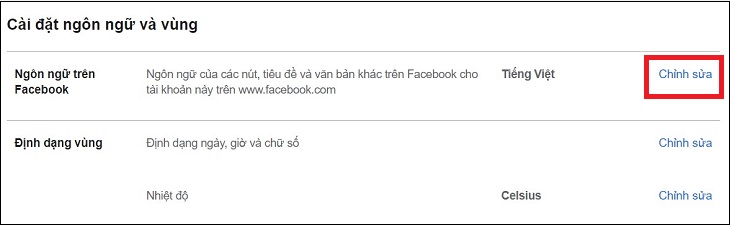 Chọn Chỉnh sửa trong mục Ngôn ngữ trên Facebook.