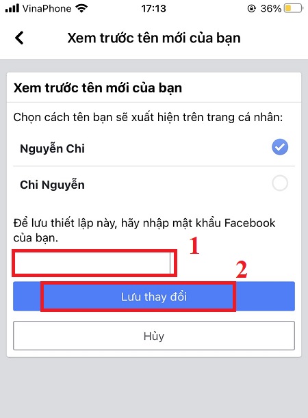 Để xác nhận thông tin, nhập mật khẩu Facebook > Chọn Lưu thay đổi.