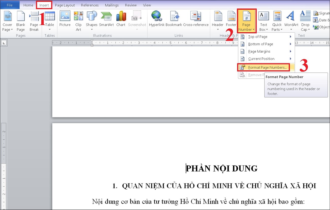 Chọn Insert > Page numbers > Format page numbers 