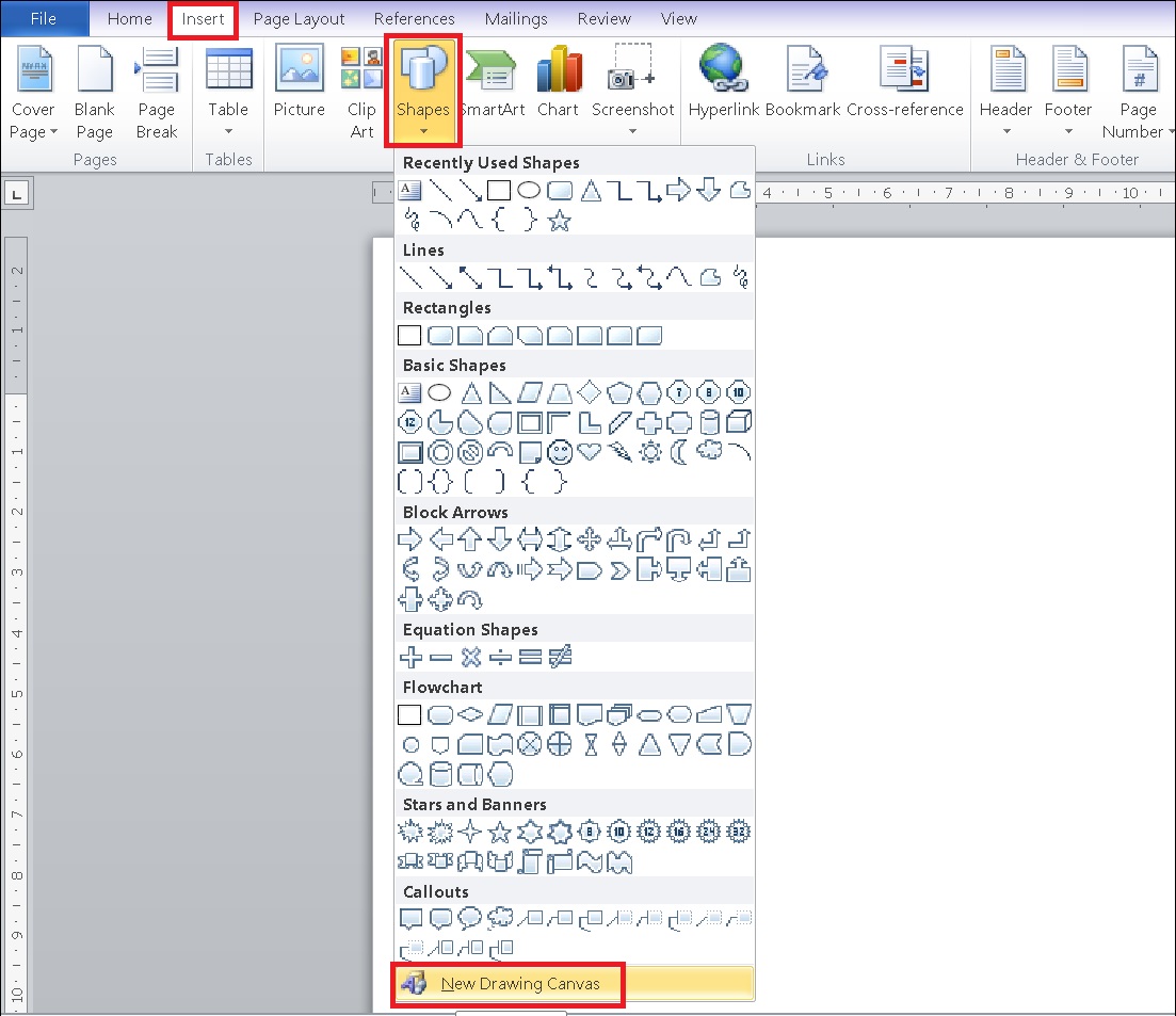 Bước 1: Vào word, rồi chọn Insert -> Shapes, chọn New Drawing Canvas.