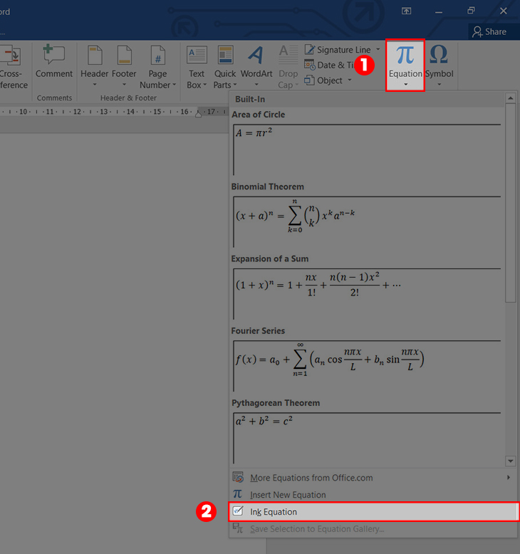 Chọn Insert > Chọn Equation > Chọn Ink Equation