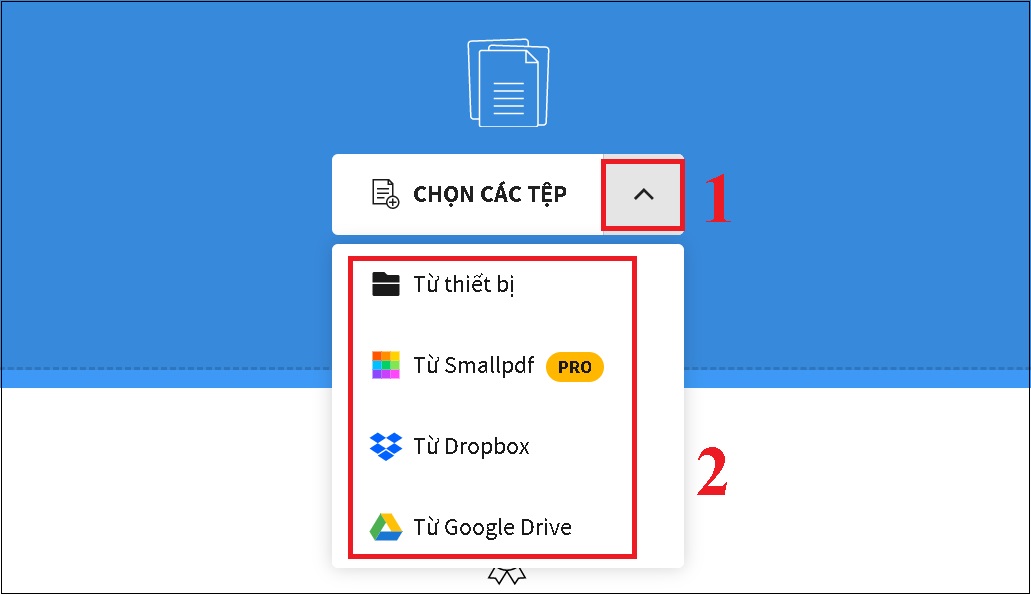 Nhấn vào biểu tượng mũi tên để chọn nguồn tải file Word lên