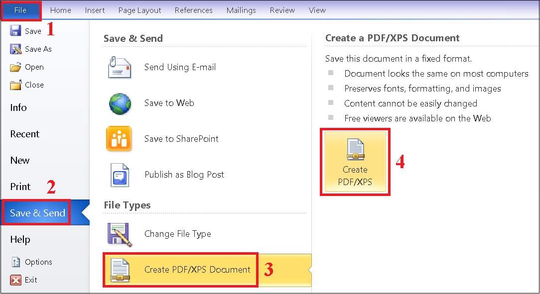 nhấn vào mục Save & Send > Chọn Create PDF/XPS Document > Chọn Create PDF/XPS