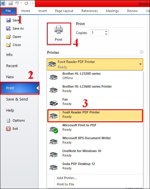 Chọn Print ở tab File > Chọn Foxit Reader PDF Print > Chọn Print
