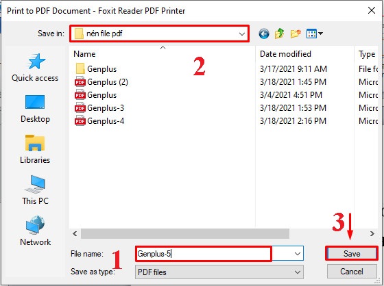 Hộp thoại Print to PDF Document - Foxit Reader PDF Printer hiện lên 