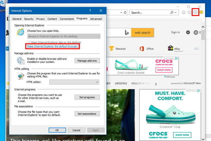 Bấm vào Make Internet Explorer my default browser của tôi