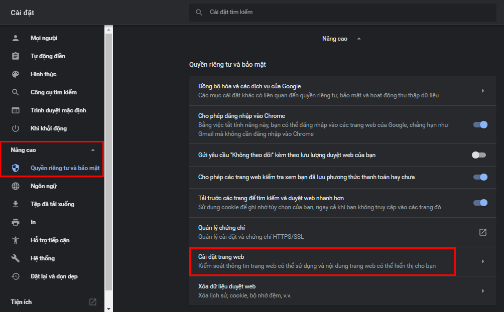Trang cài đặt hiện ra, chọn Nâng cao > Quyền riêng tư và bảo mật > Cài đặt trang web