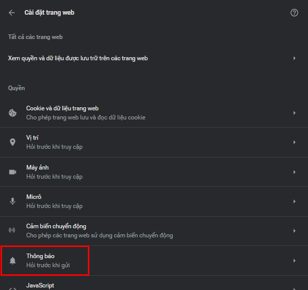Trong mục Cài đặt trang web hiện ra, chọn Thông báo