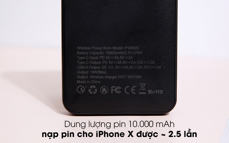 Pin sạc dự phòng không dây Polymer 10.000 mAh Type C PD QC3.0 Xmobile PowerLite P106WD 