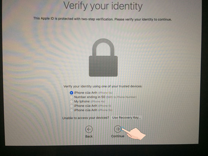 Xác nhận thông tin Apple (nếu dùng bảo vệ 2 lớp của Apple) > Continue