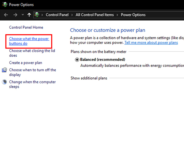 Chọn vào Choose what the power buttons do ở khung bên trái