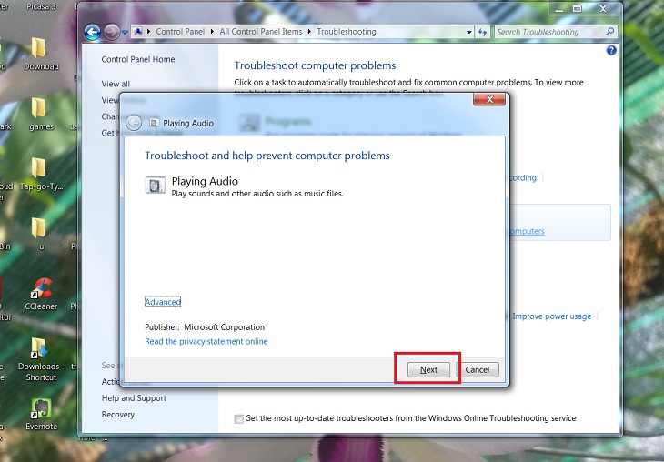 Tiếp theo bạn chọn Next trên bảng điều khiển để chạy chương trình sửa lỗi âm thanh