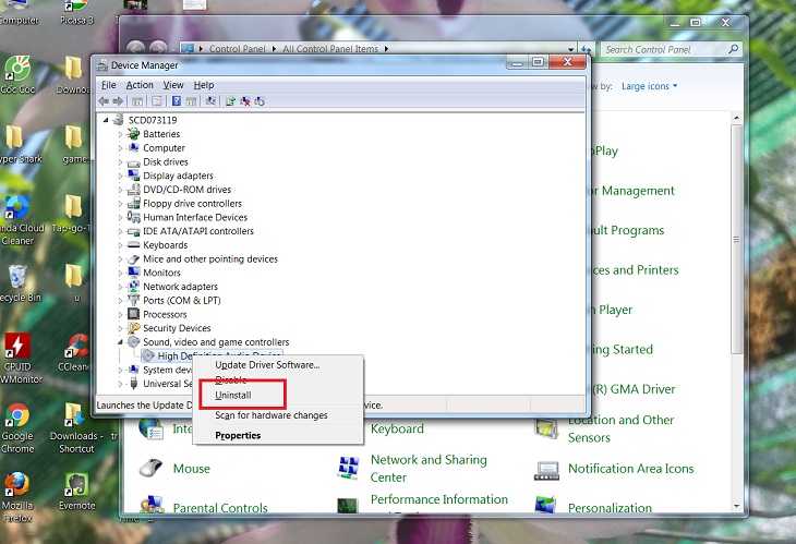Bạn nhấp chuột phải vào High Definition Audio Device chọn Uninstall